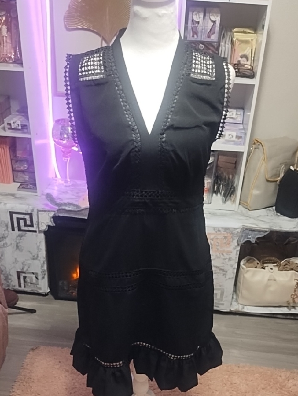 Allison Joy Black V-Neck Crochet-Trim Mini Dress